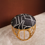 Black Abstract Printed Fabric Metallic Stool with Gold Cage-Style Base