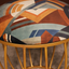 Abstract Geometric Printed Suede Fabric Metallic Stool with Gold Cage-Style Base