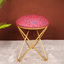 Peach Floral Printed Suede Fabric Cross Metallic Stool