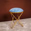 Blue Floral Printed Suede Fabric Cross Metallic Stool