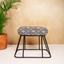 Diamond Printed Jute Cotton Metallic Stool with Black Base