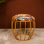 Abstract Geometric Printed Suede Fabric Metallic Stool with Gold Cage-Style Base