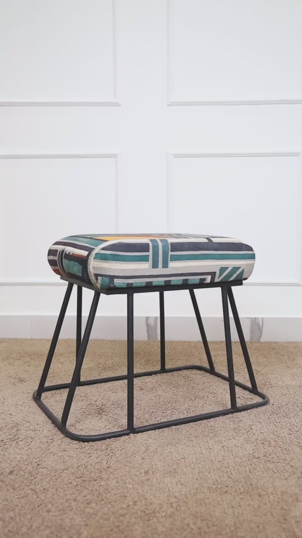 Fabric stool with geometric patterns, black metal base, modern style